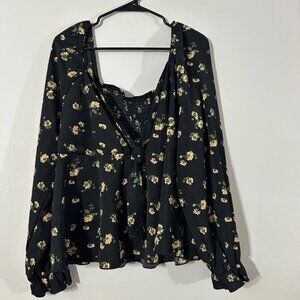 SHEIN CURVE Black Floral Smocked Square Neck Peplum Top Plus Size 4XL